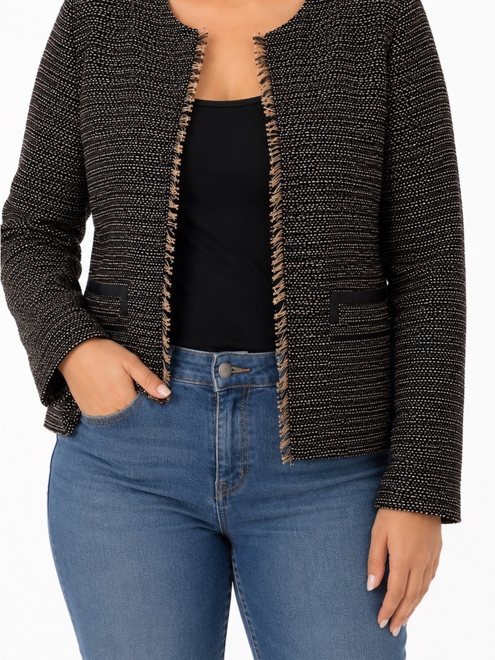 Anne Klein Black Tweed Fringe-Trim Open Front Jacket